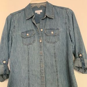 Denim blouse.